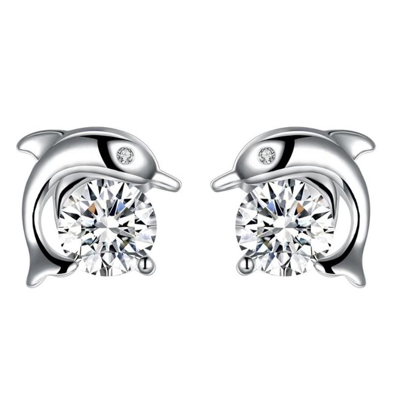 Dolphin Ear Studs Shining Crystal Rhinestone Zircon Studs Earrings for Woman Girl Jewelry