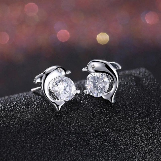 Dolphin Ear Studs Shining Crystal Rhinestone Zircon Studs Earrings for Woman Girl Jewelry