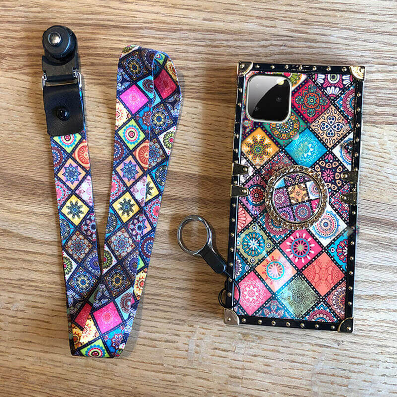 Boho phone case with lanyard and ring