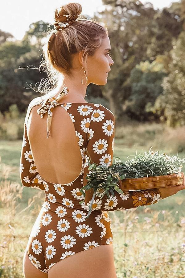 Brown Daisy Floral découpé UPF50 + Rash Guard