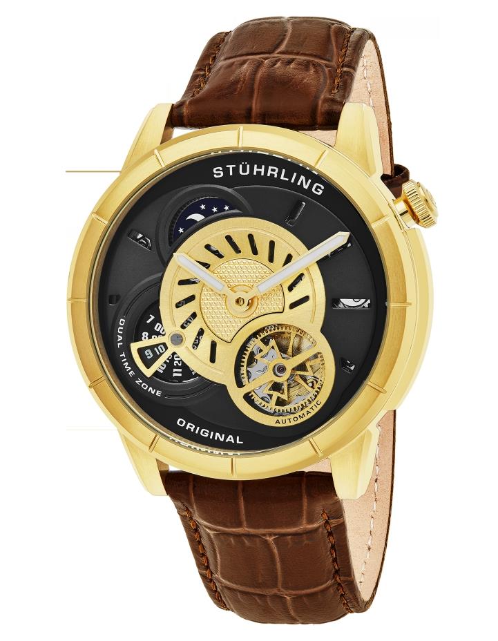 Stuhrling 686 02 Tesla Dual Time Open Heart Automatic Brown Leather Mens Watch