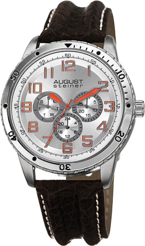 August Steiner AS8116SS Day Date GMT 30M WR Orange Accented Mens Watch