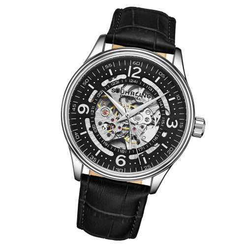 Stuhrling 3947 2 Automatic Skeleton Black Leather Strap Mens Watch