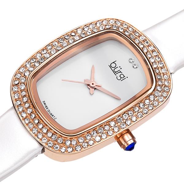 Burgi BUR111RGW Swiss Quartz Crystal Bezel White Strap Rosetone Womens Watch