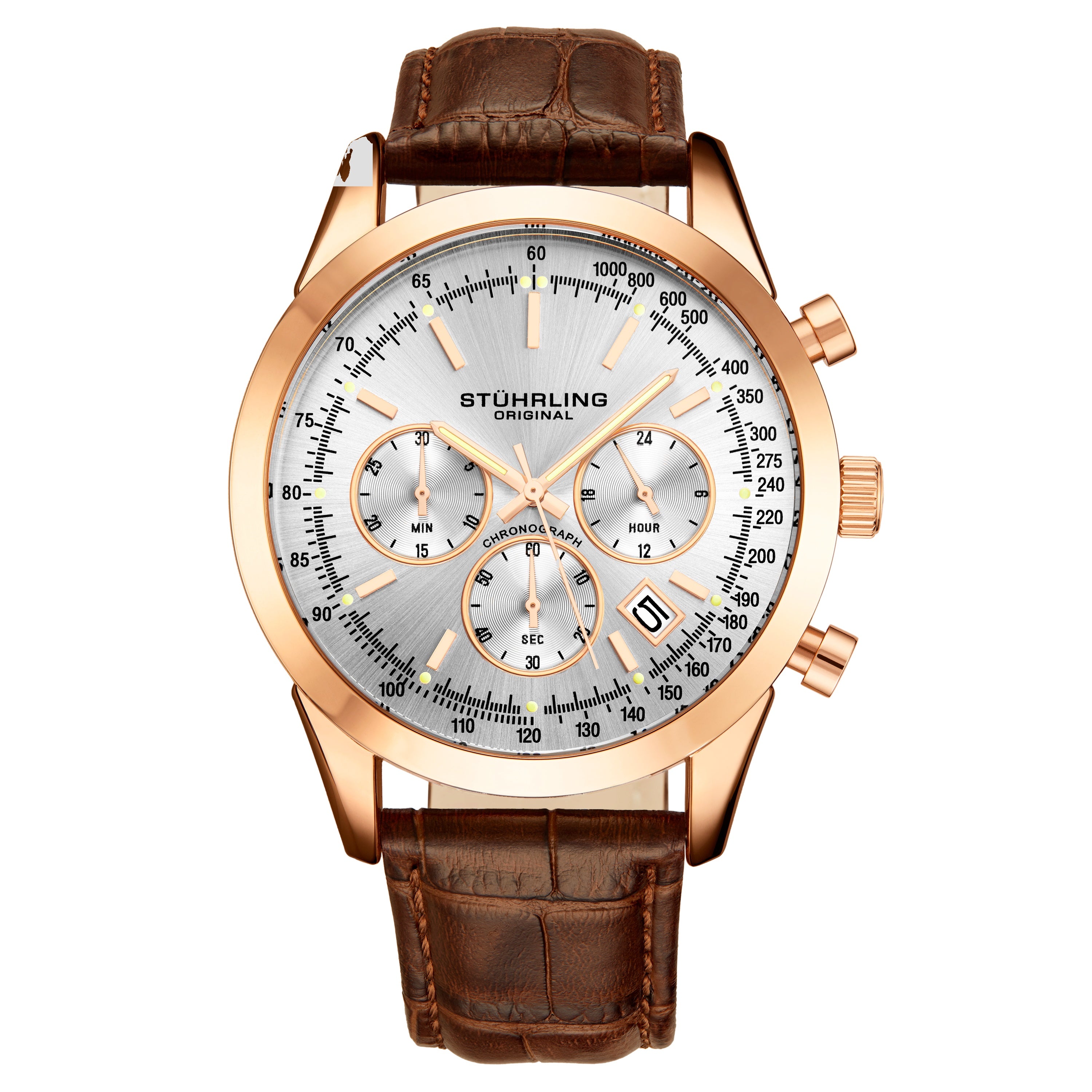 Stuhrling 3975L 6 Preston Monaco Quartz Chronograph Date Brown Leather Mens Watch