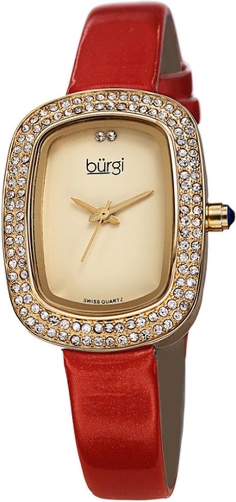 Burgi BUR111RD Swiss Quartz Crystal Bezel Red Strap Goldtone Womens Watch