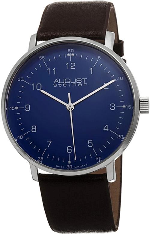 August Steiner AS8090BR Swiss Quartz Blue Dial Brown Strap Mens Watch