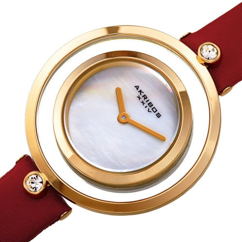 Akribos XXIV AK1060RD Swarovski Gold Tone Red Satin Leather Womens Watch