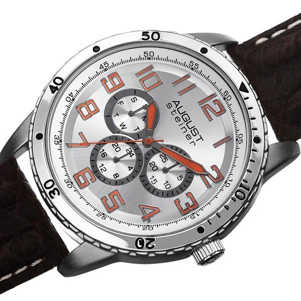 August Steiner AS8116SS Day Date GMT 30M WR Orange Accented Mens Watch