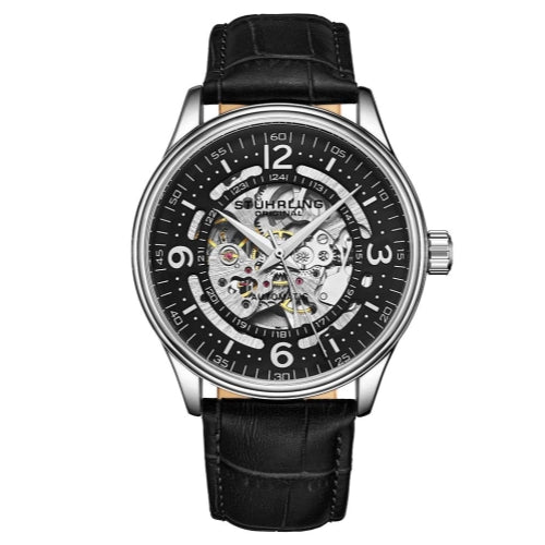 Stuhrling 3947 2 Automatic Skeleton Black Leather Strap Mens Watch