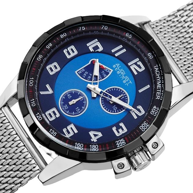 August Steiner AS8202SSBU Tachymeter Day Date Stainless Steel Mens Watch