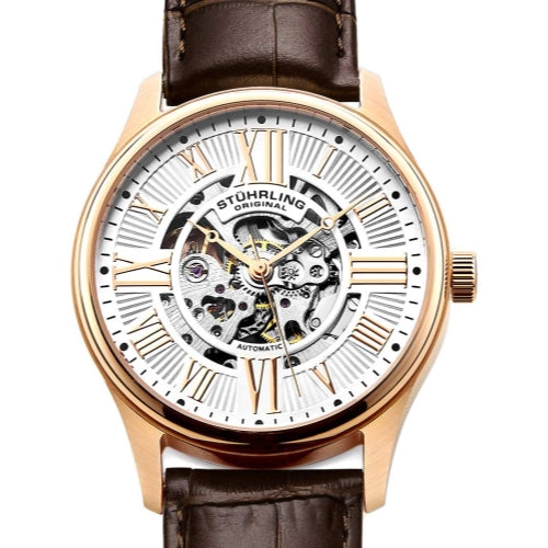 Stuhrling Original 3942 4 Automatic Skeleton Brown Leather Strap Mens Watch