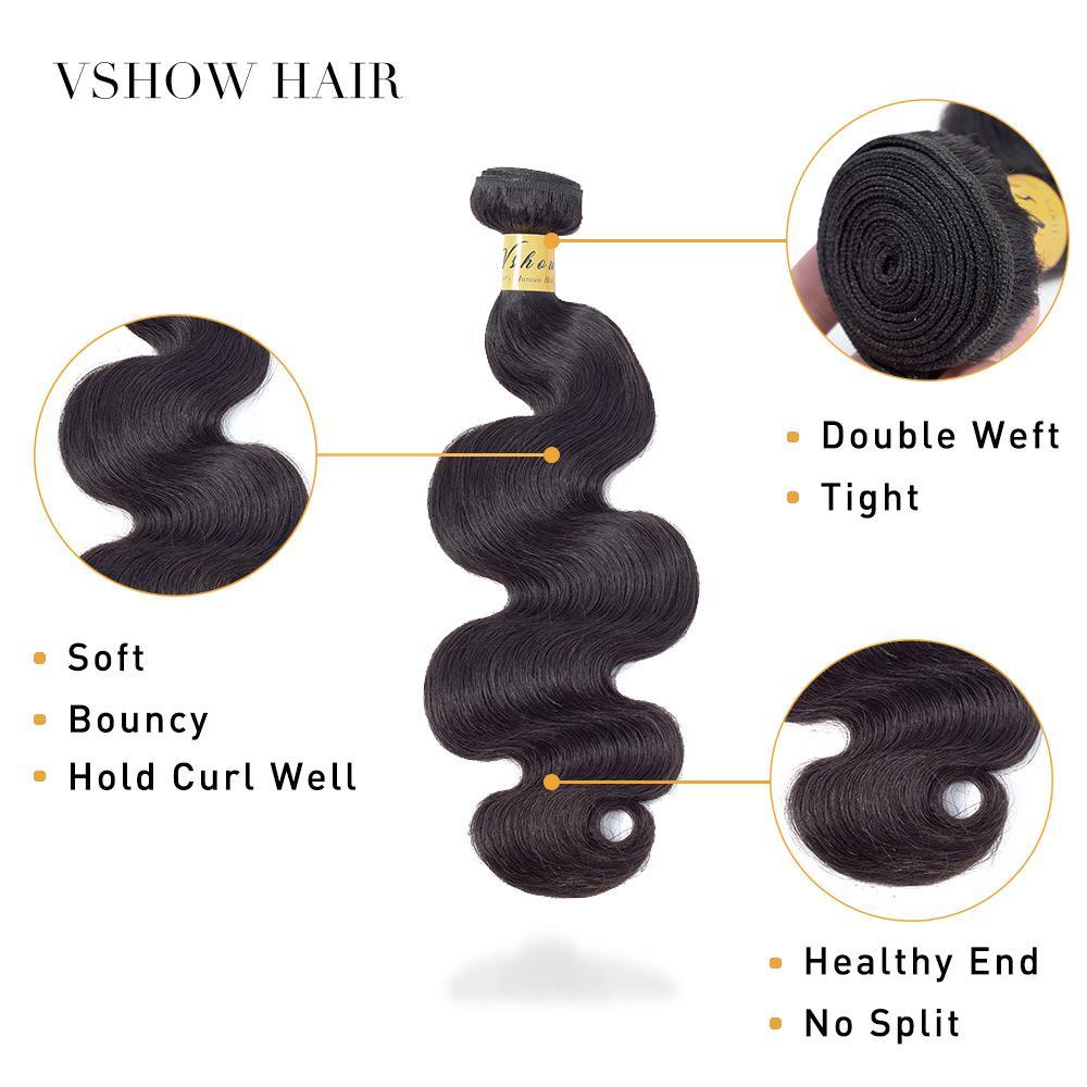 VSHOW HAIR Premium 9A Malaysian Virgin Human Hair Body Wave 3 or 4 Bundles with Closure Popular Sizes