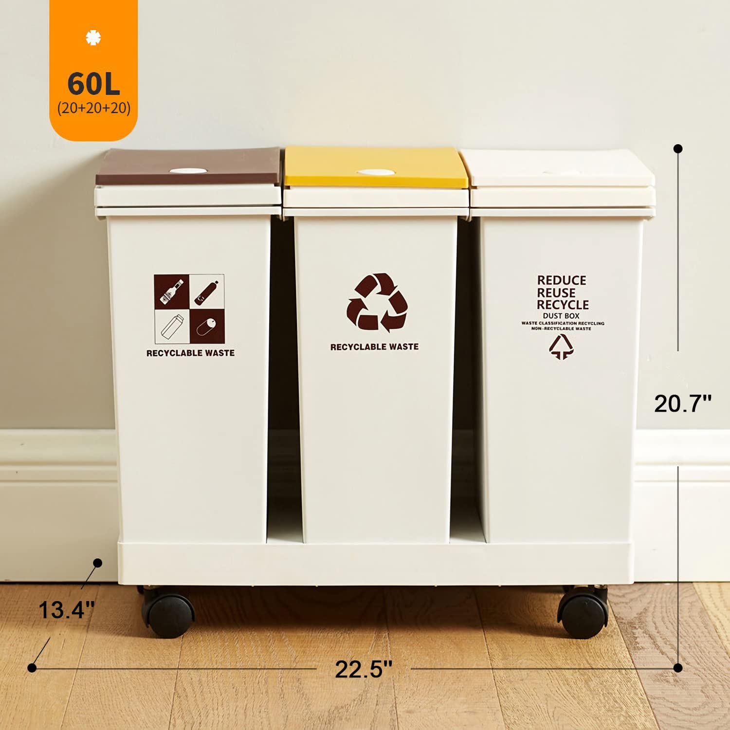 Recycle Kitchen Trash Can 20L x 3 Sorting Waste Bin with Lid Total 16 Gallon, 60L
