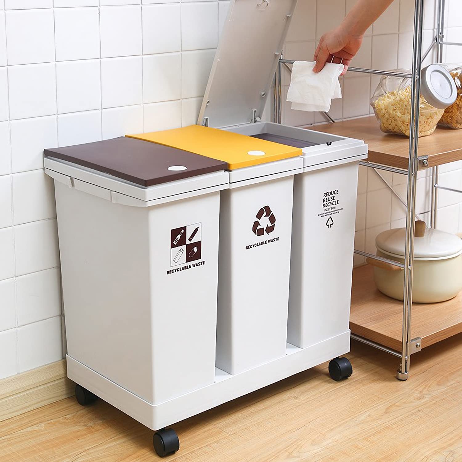 Recycle Kitchen Trash Can 20L x 3 Sorting Waste Bin with Lid Total 16 Gallon, 60L