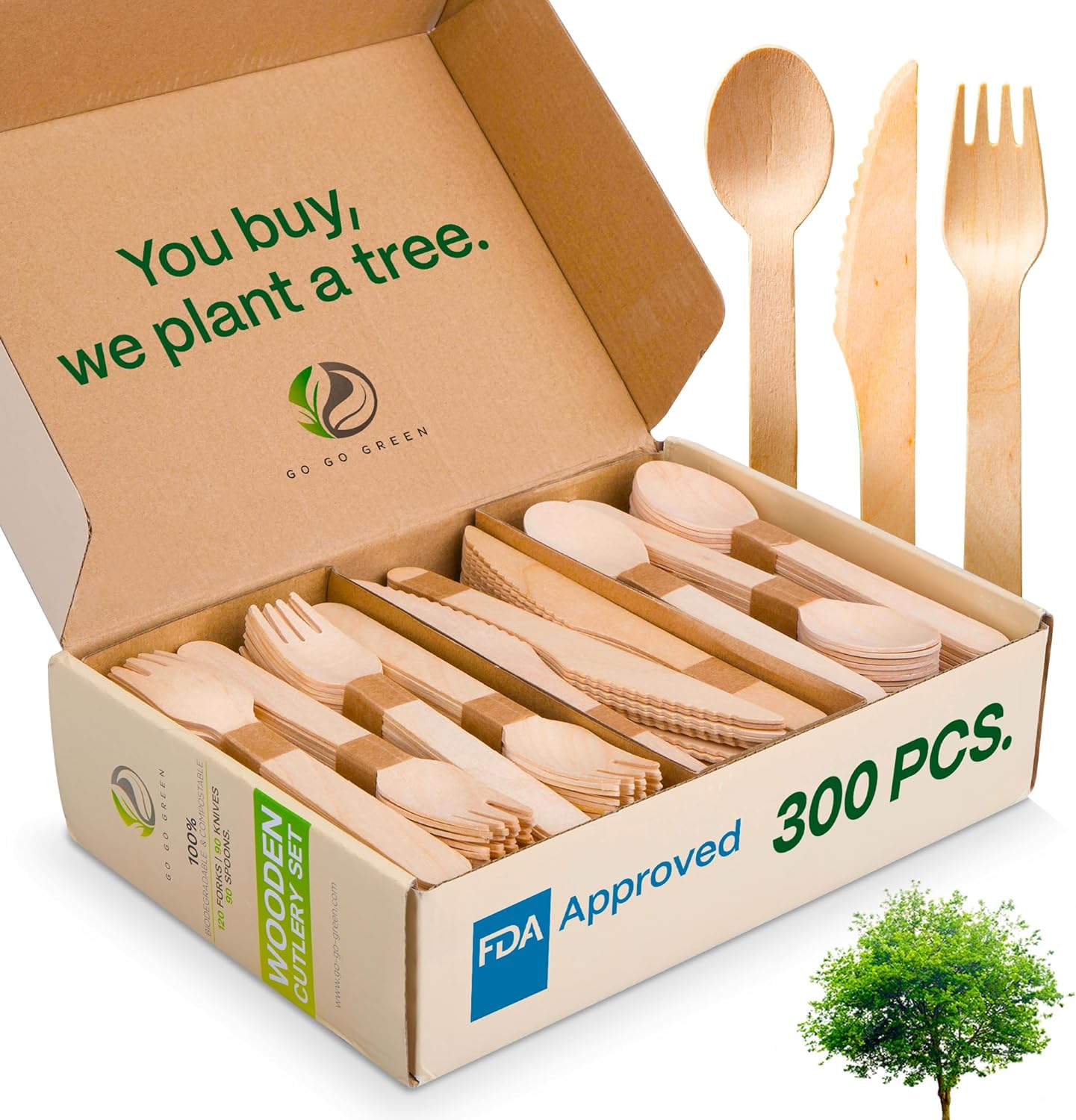 100% Compostable Cutlery Set - 300 Pieces Wooden Utensils, 120 Forks, 90 Knives, 90 Spoons - Disposable Eco Friendly