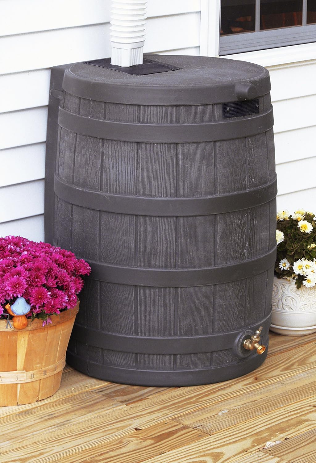 50 Gallon BPA-free Plastic Resin Rain Barrel for Outdoor Rainwater Collection and Storage Features a Metal Spigot