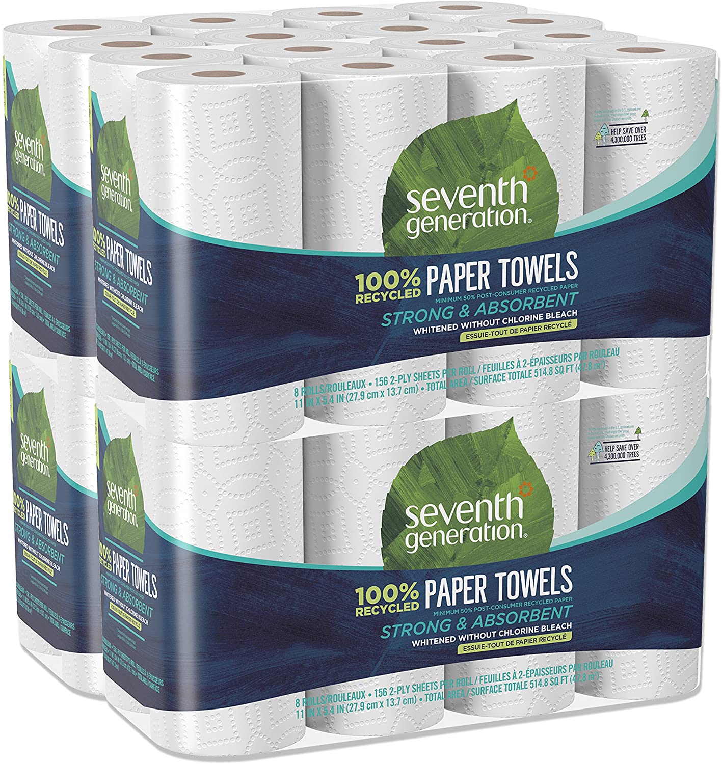 Paper Towels, 100% Recycled Paper, 2-ply, 8 Count, Pack of 4