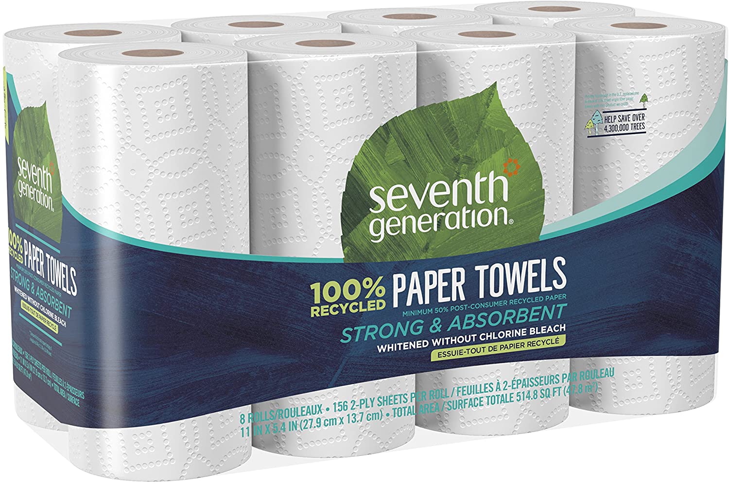 Paper Towels, 100% Recycled Paper, 2-ply, 8 Count, Pack of 4