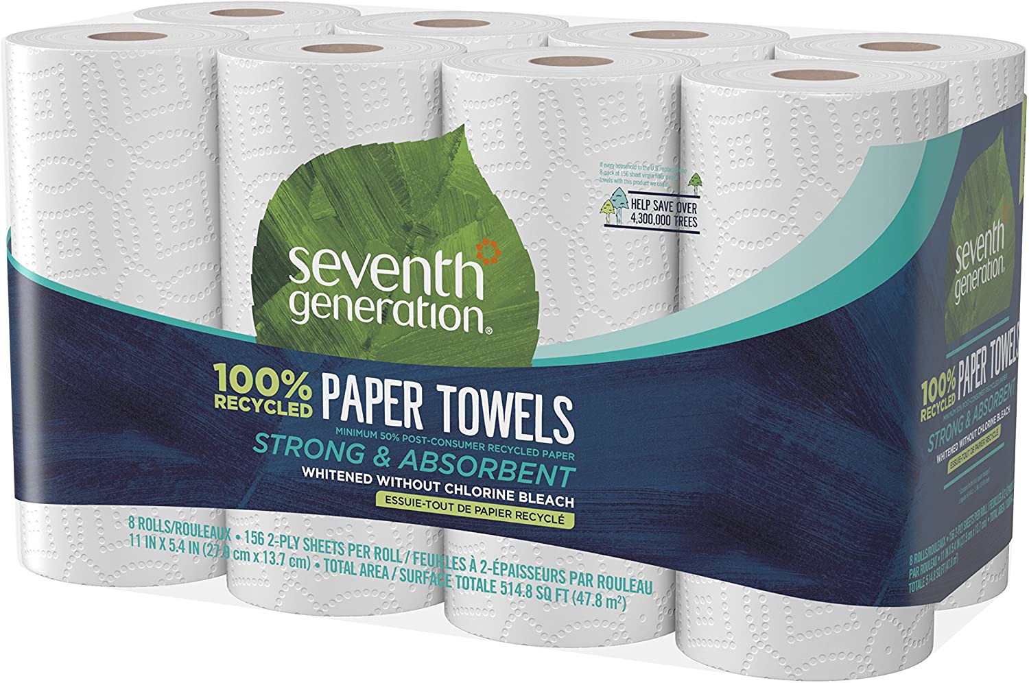 Paper Towels, 100% Recycled Paper, 2-ply, 8 Count, Pack of 4