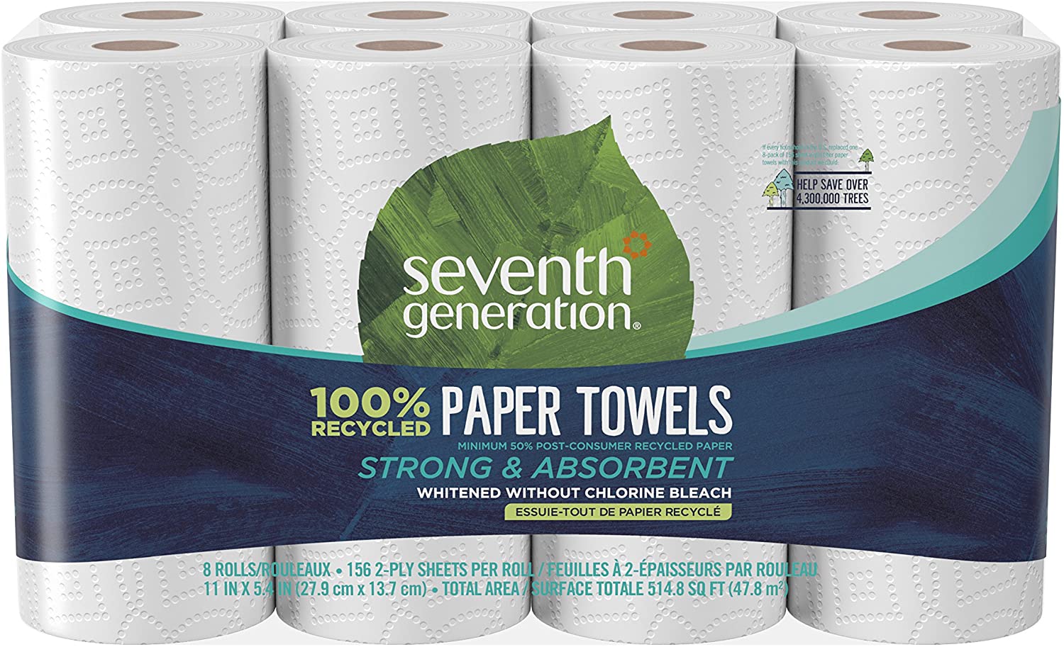 Paper Towels, 100% Recycled Paper, 2-ply, 8 Count, Pack of 4