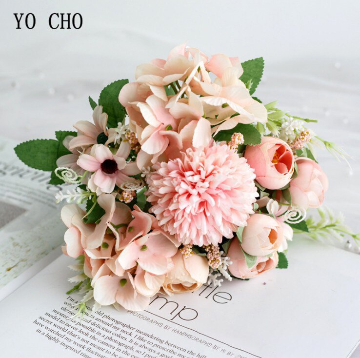 YO CHO Big Roses Hydrangea Artificial Flowers for Wedding Bouquet Home Decoration Rose Silk Bouquet Fake Flowers Head Plast Stem