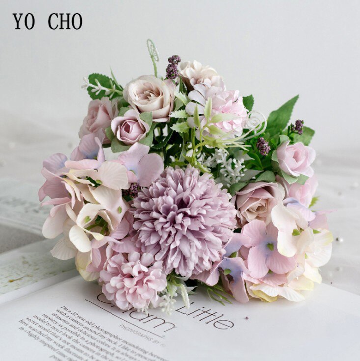 YO CHO Big Roses Hydrangea Artificial Flowers for Wedding Bouquet Home Decoration Rose Silk Bouquet Fake Flowers Head Plast Stem