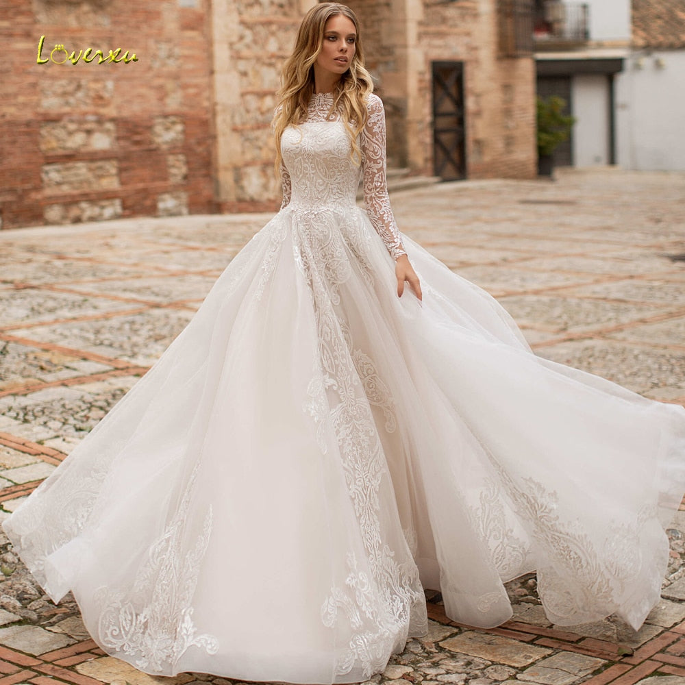 Loverxu Vestido De Noiva Long Sleeve Lace Vintage Wedding Dresses 2023 Sexy Illusion Appliques Court Train A Line Bridal Gowns