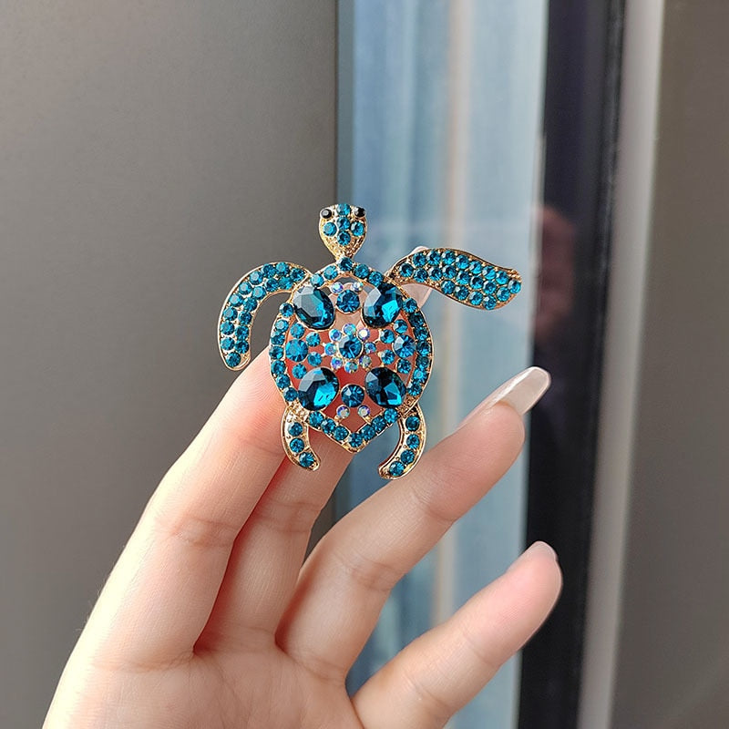 Green Rhinestone Sea Turtle Animal Brooch Pins Crystal Vintage Metal Tortoise Brooch For Women Coat Badges Corsage Jewelry Gift