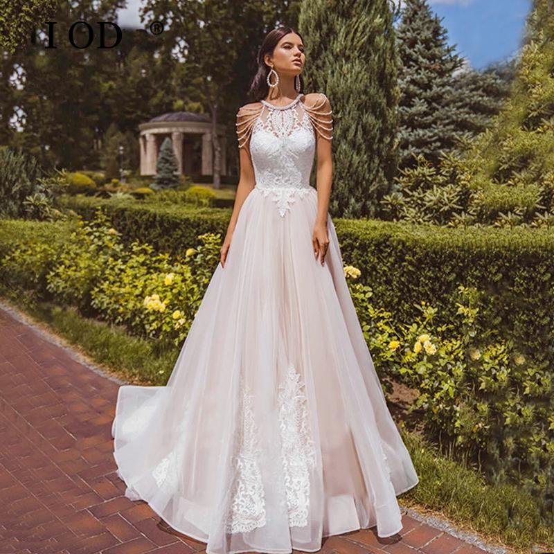 I OD Bohemian A-Line Wedding Dresses O-Neck Beading Sleeves Lace Appliques Illusion Tulle Bridal Gown Sweep Train Vestidos New