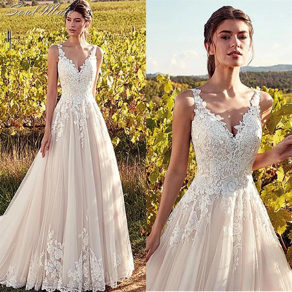 Elegant V-Neck Wedding Dresses For Women A-line Appliques Floor Length Bride Gowns Lace Backless Bridal Dress Vestidos De Noiva