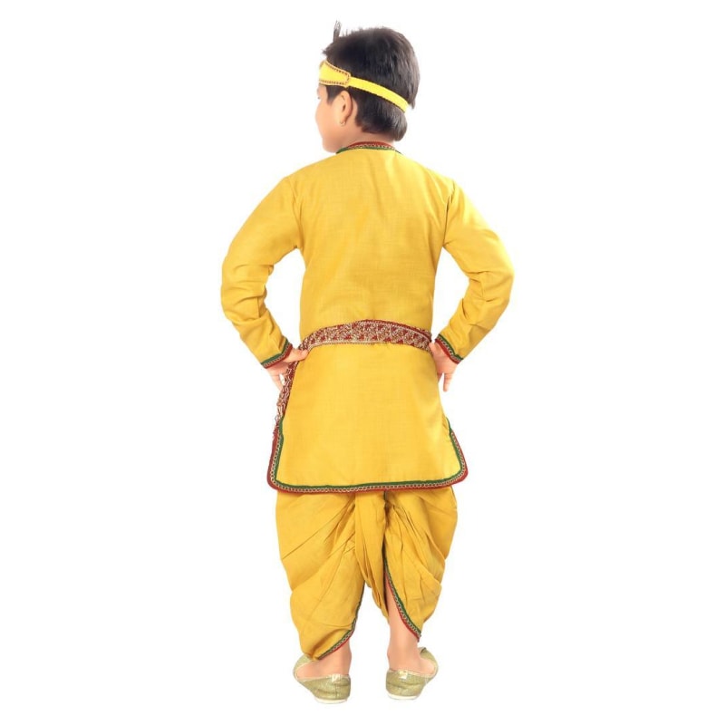 Krishna Dress  Kurta and Dhoti Pant with Crown Peacock Feather+ Flute+ Necklace+ Wrist Band+ Bandhni Patka