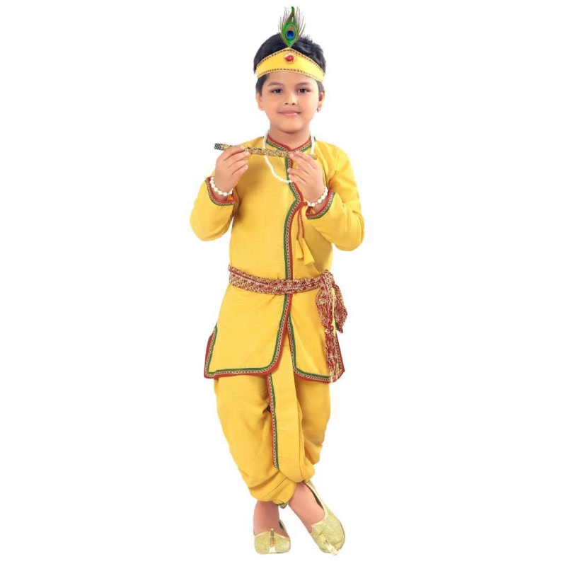 Krishna Dress  Kurta and Dhoti Pant with Crown Peacock Feather+ Flute+ Necklace+ Wrist Band+ Bandhni Patka