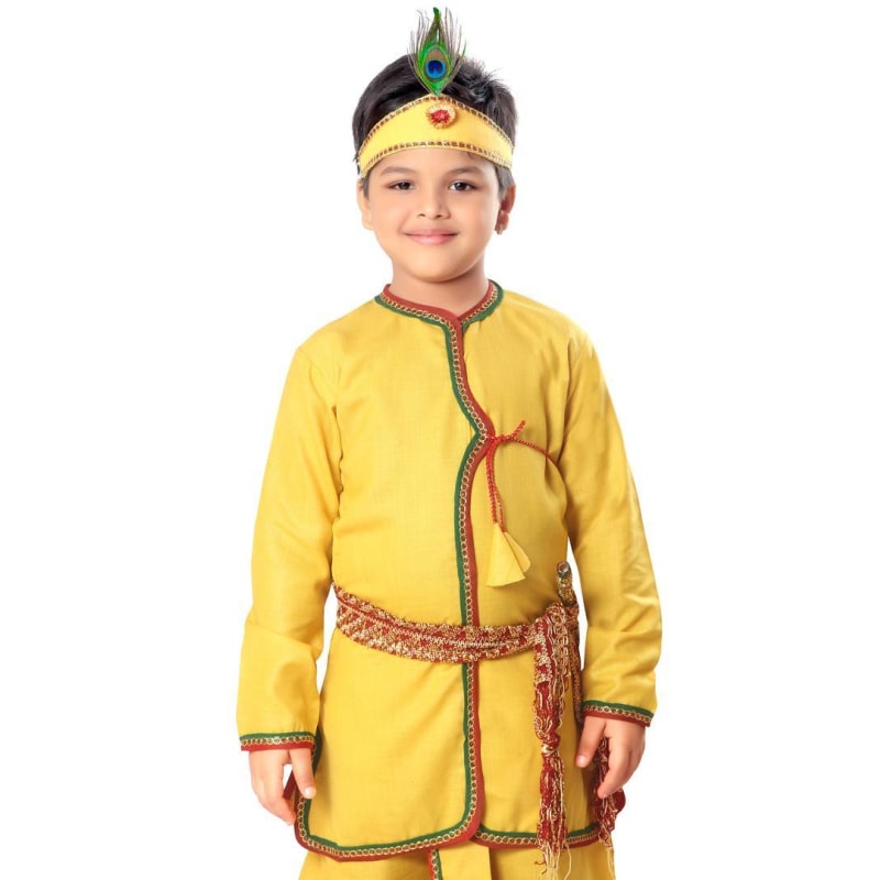 Krishna Dress  Kurta and Dhoti Pant with Crown Peacock Feather+ Flute+ Necklace+ Wrist Band+ Bandhni Patka