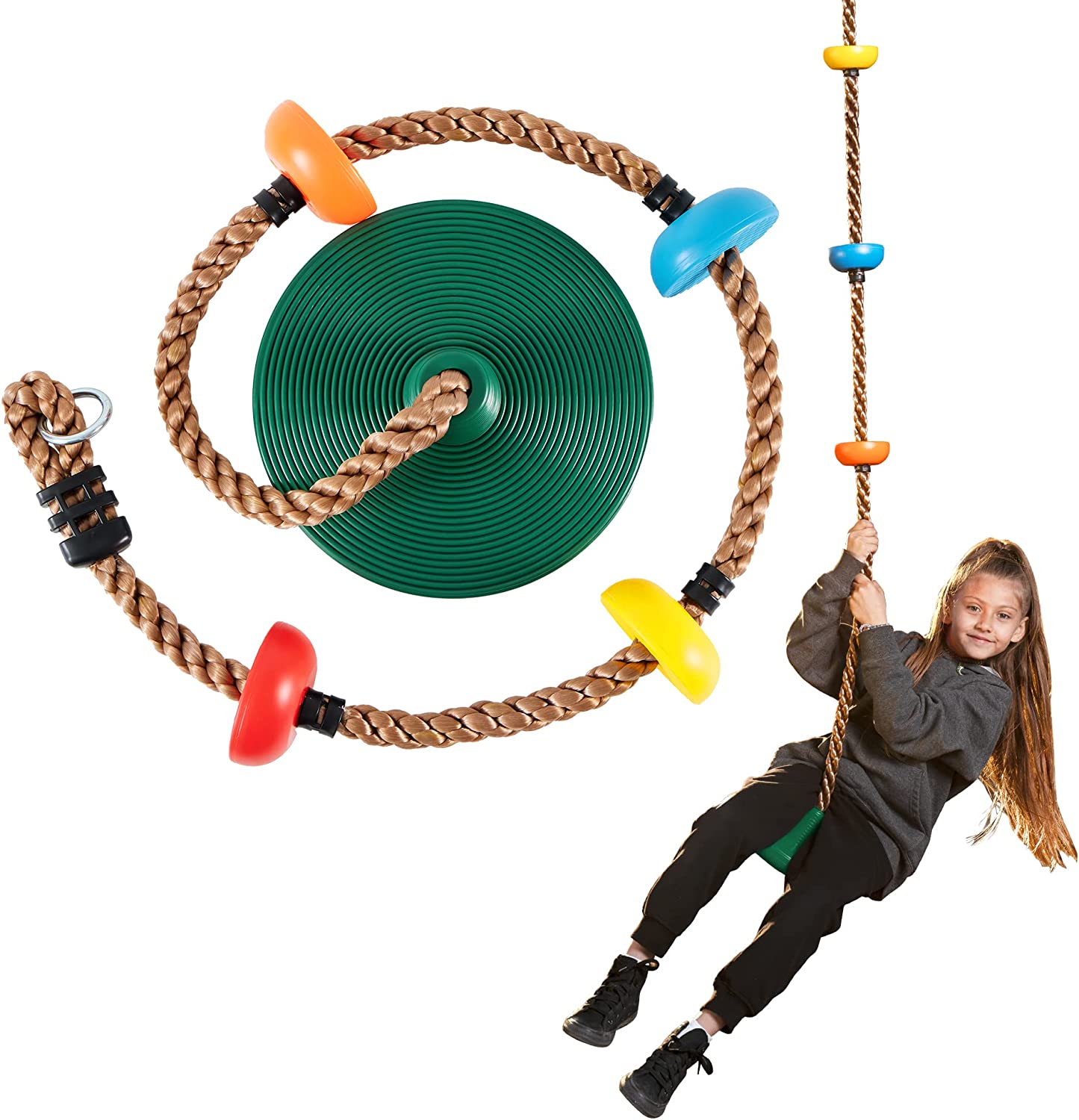 Green Climbing Rope Tree Swing with Platforms and Disc Swings Seat