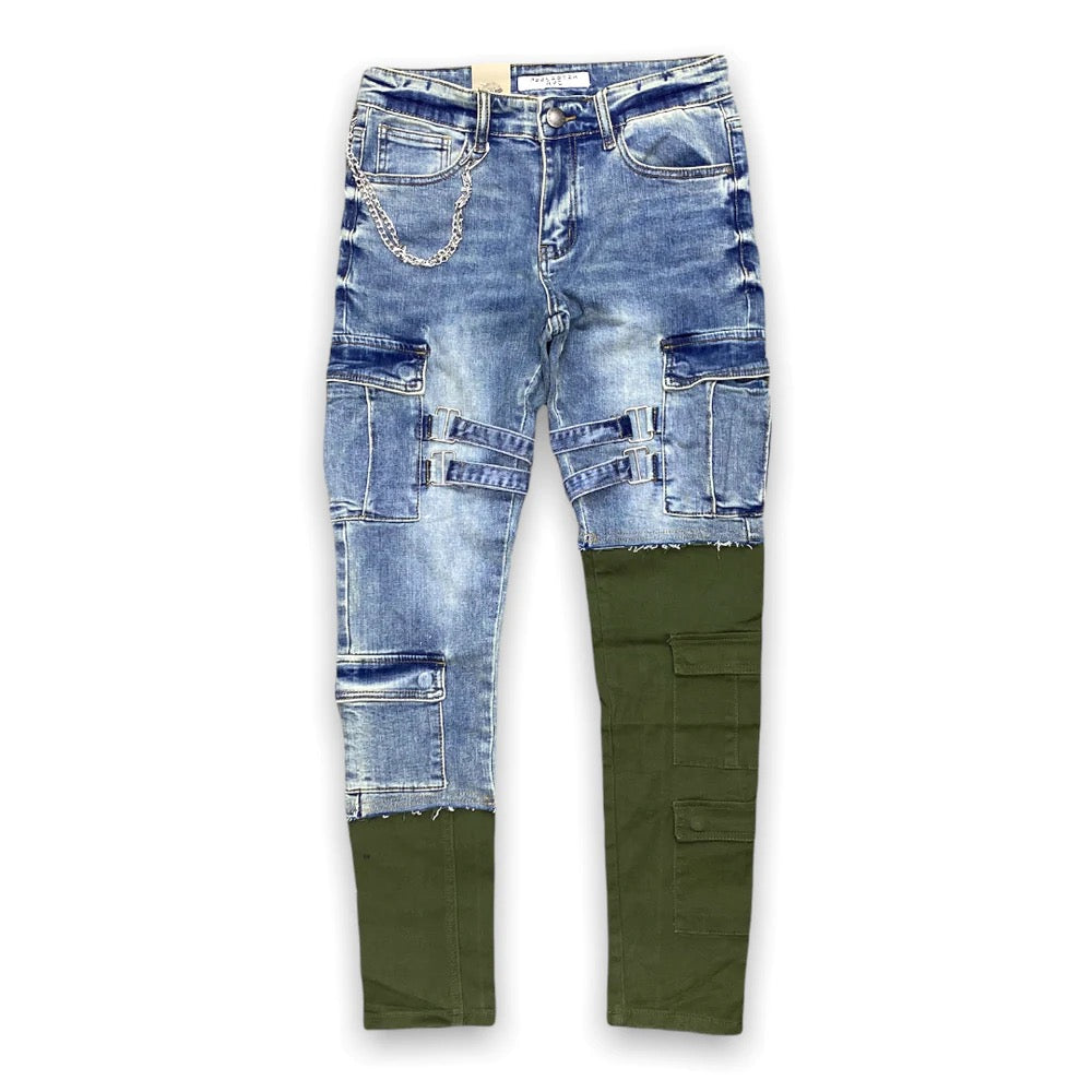 BLUE GREEN SPLIT STRAP CARGO JEAN RST-4131-3