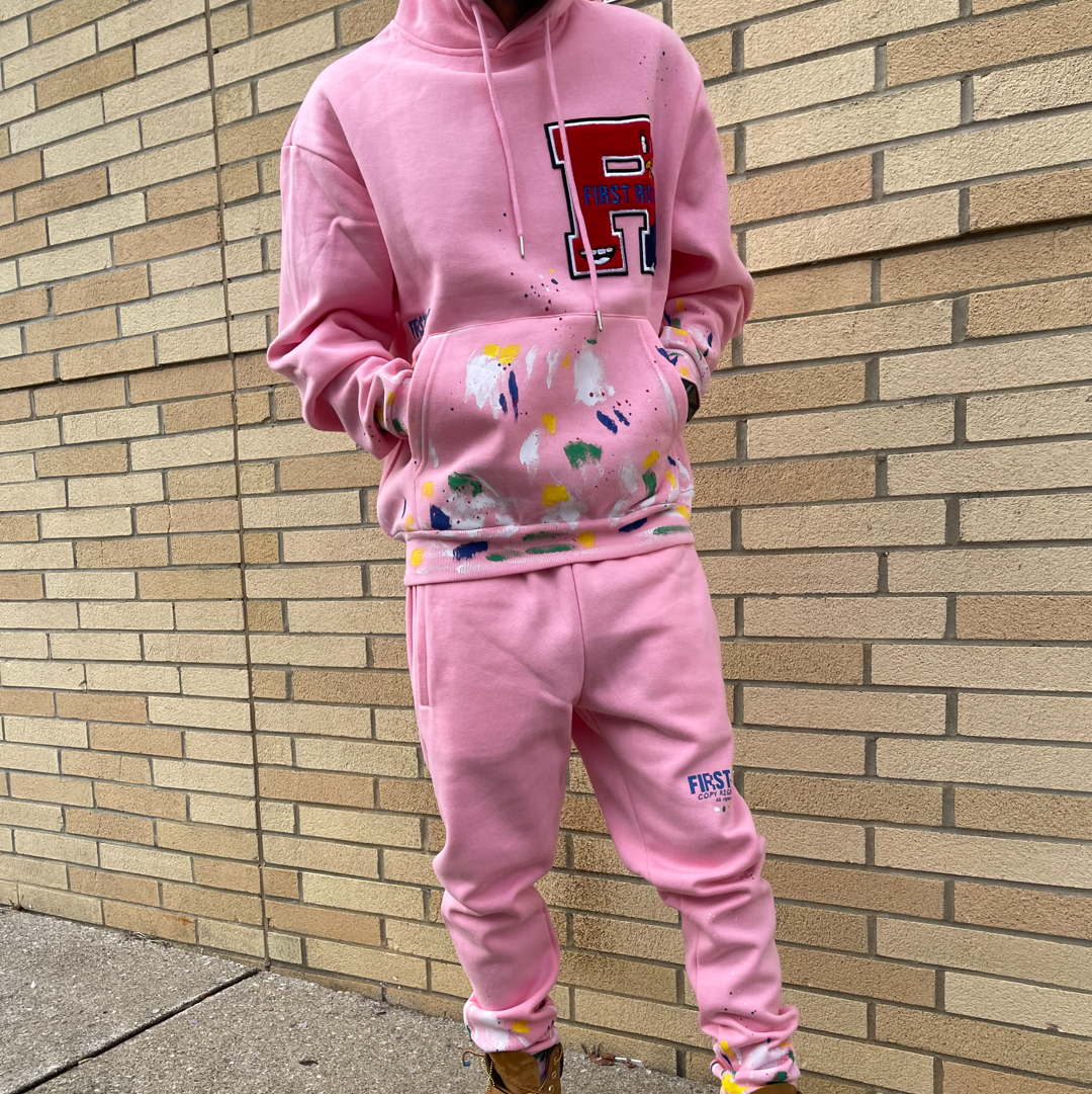 Chenille patch and hand paint sweatsuit (pink)