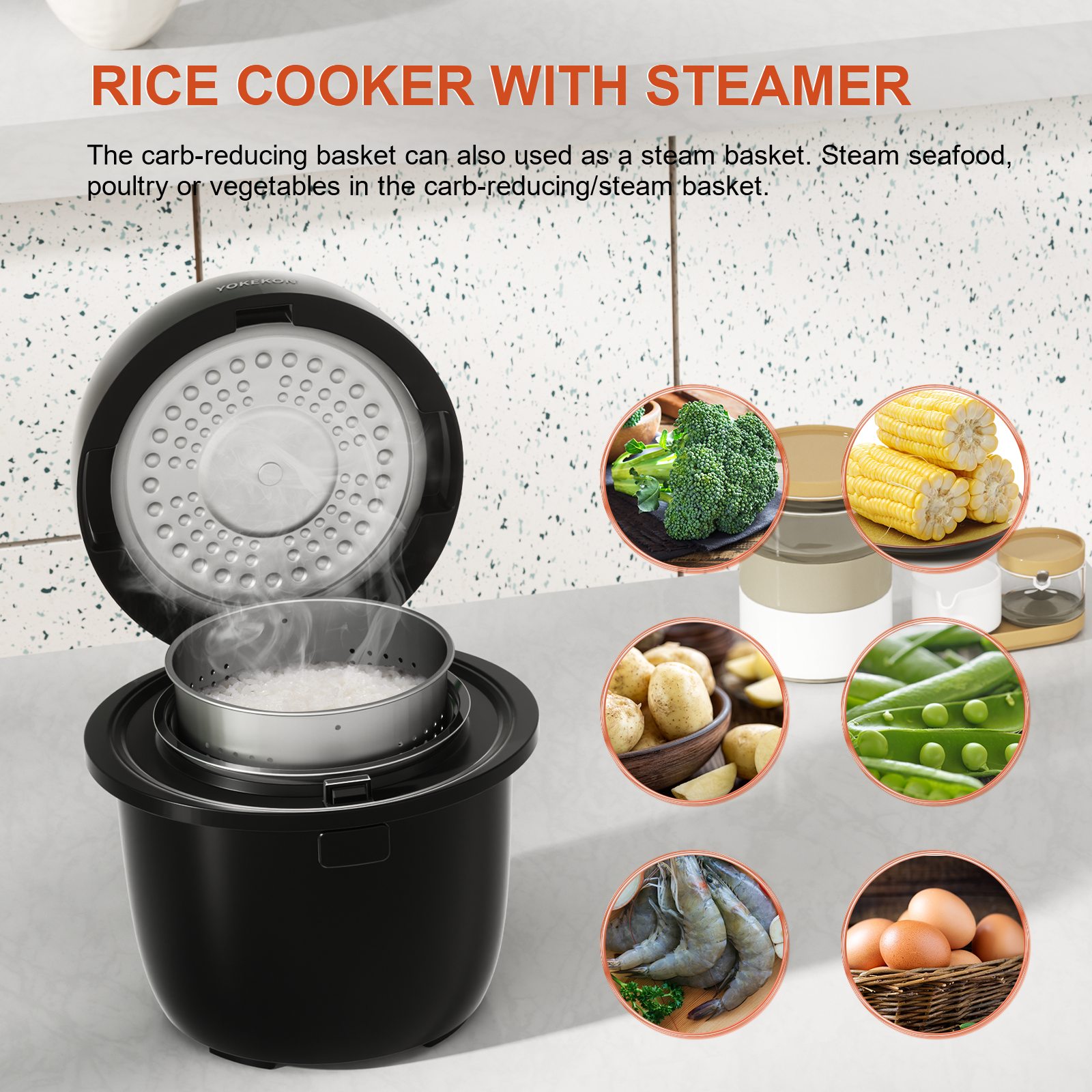 Rice Cooker Small Low Carb, YOKEKON 3 cup uncook Rice Cooker with Stainless Steel Steamer, 8-in-1 Rice Maker, Delay Timer and Auto Keep Warm Feature, Sushi, Risitto, Steamer, Cake, Black