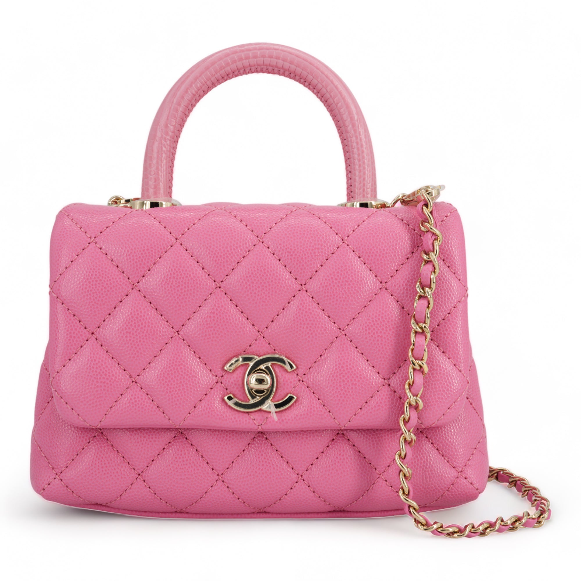 Extra Mini Lizard Embossed Coco Handle Flap Bag in Pink Caviar