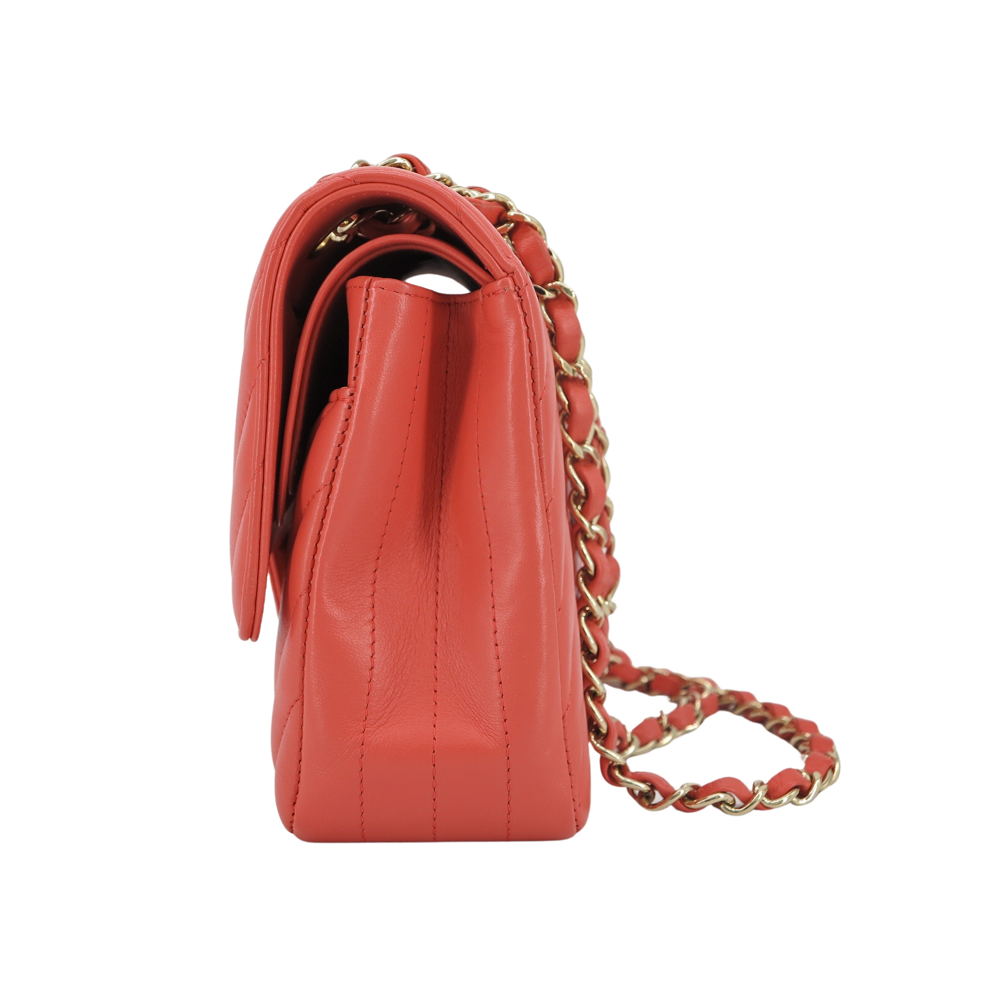 Chevron Medium Classic Double Flap Bag in Pink Coral Red Lambskin