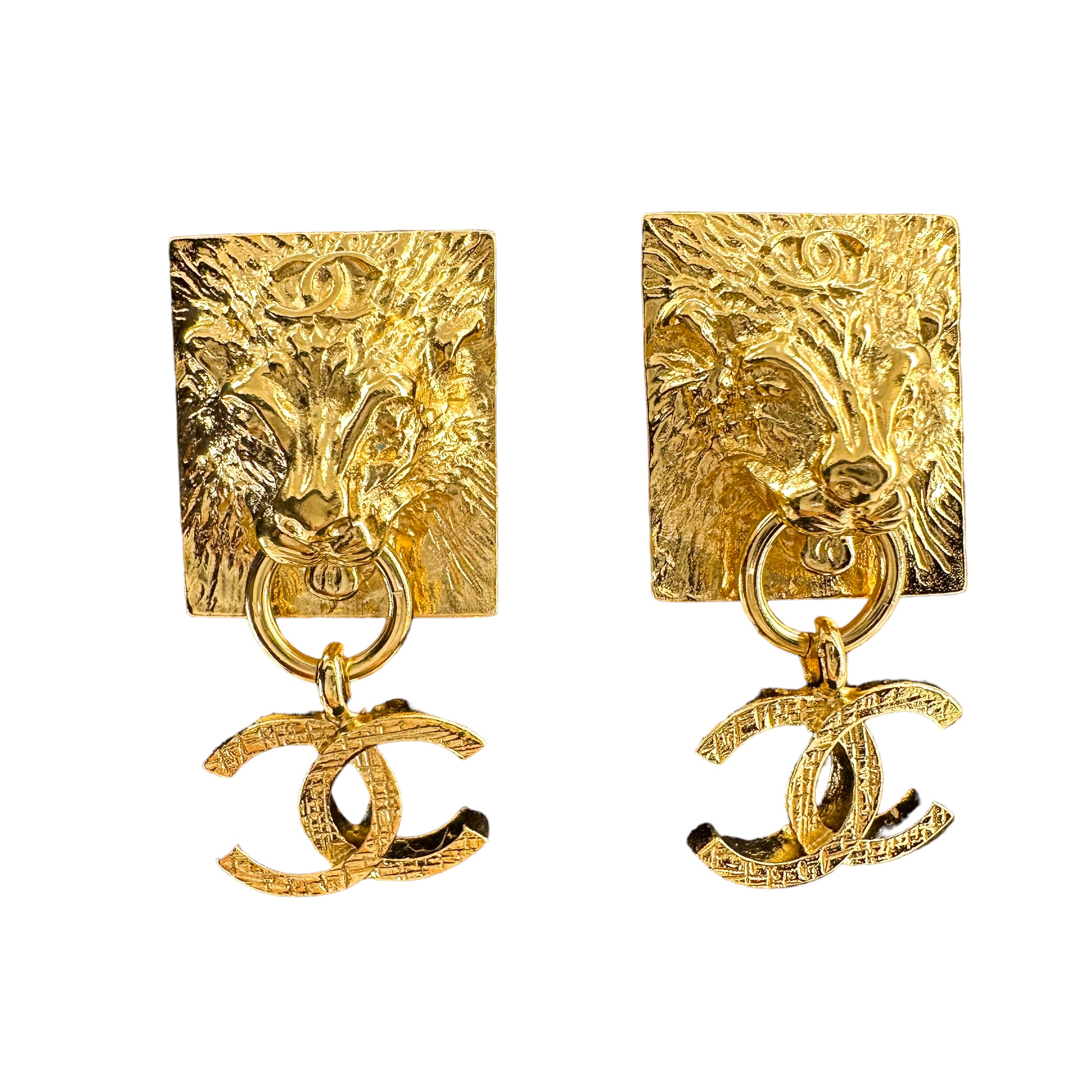 22A Gold Lion CC Drop Clip-On Earrings