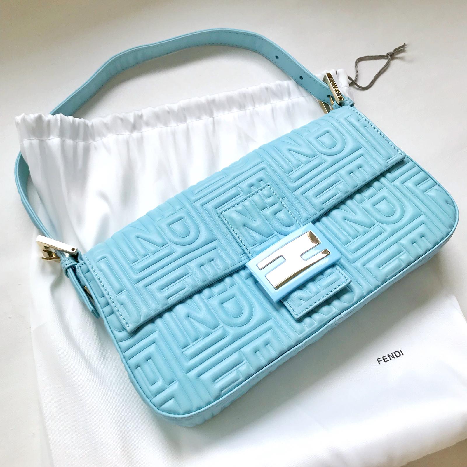 Logo-Embossed Nappa Baguette Bag in Tiffany Blue