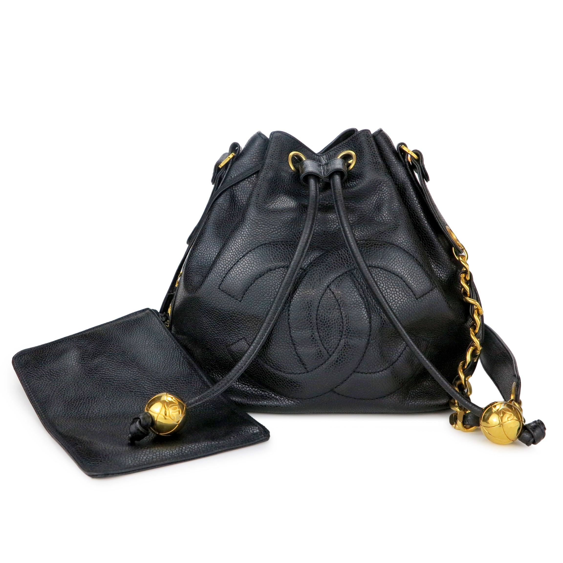 Vintage Oversized CC Drawstring Bucket Bag in Black Caviar