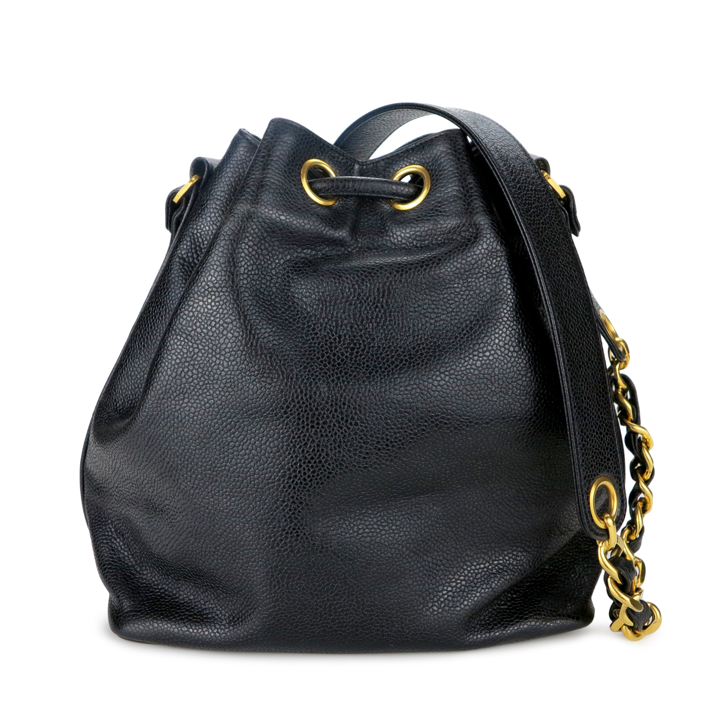 Vintage Oversized CC Drawstring Bucket Bag in Black Caviar