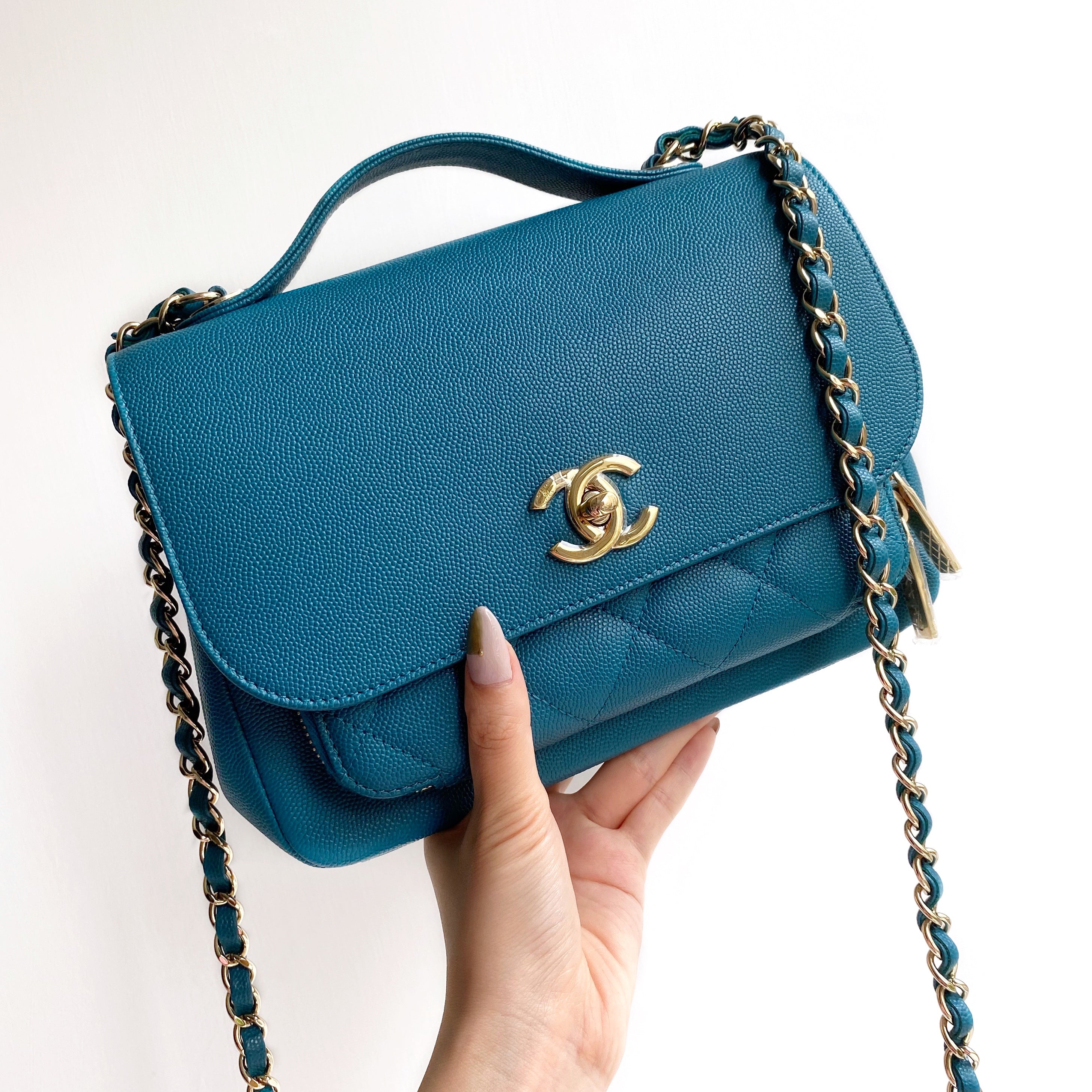 Medium Business Affinity Flap Bag in Turquoise Caviar