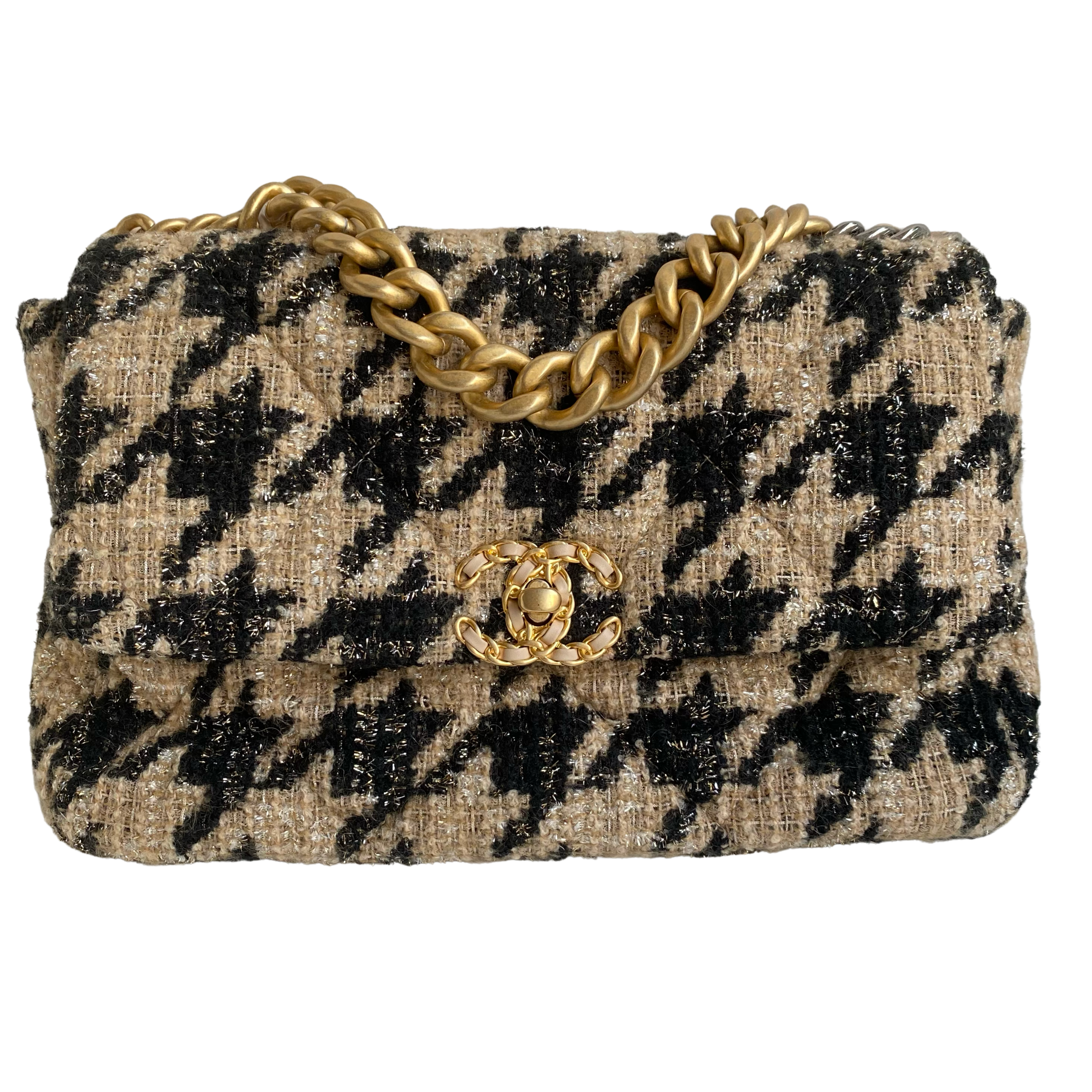 CHANEL 19 Medium Flap Bag in 19K Beige Black Houndstooth Tweed