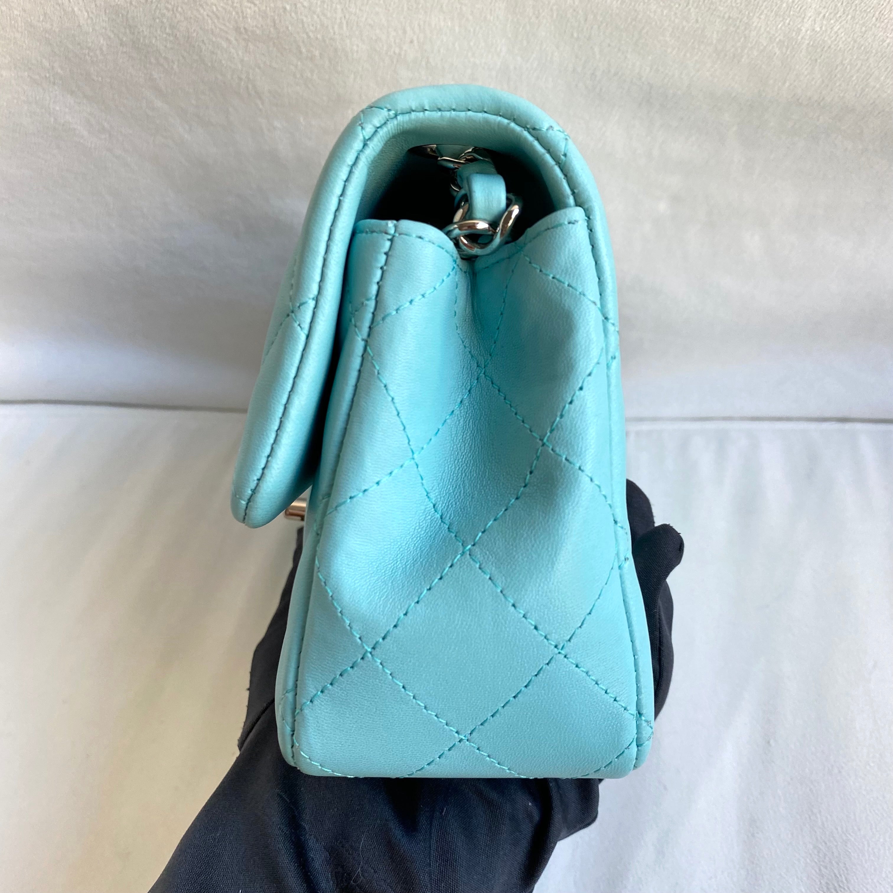 19C Tiffany Blue Lambskin Mini Rectangular Flap Bag