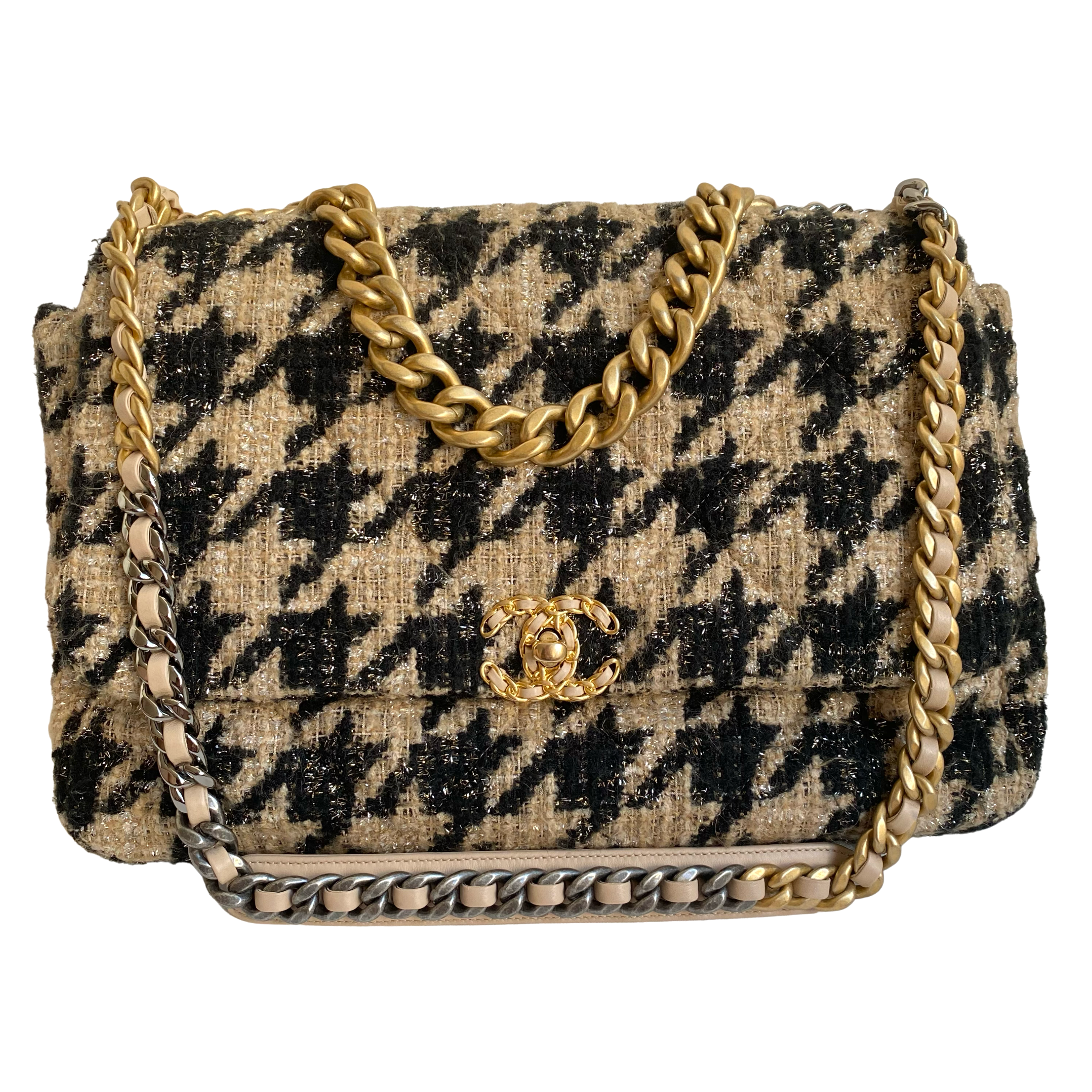 CHANEL 19 Maxi Flap Bag in Beige Black Houndstooth Tweed