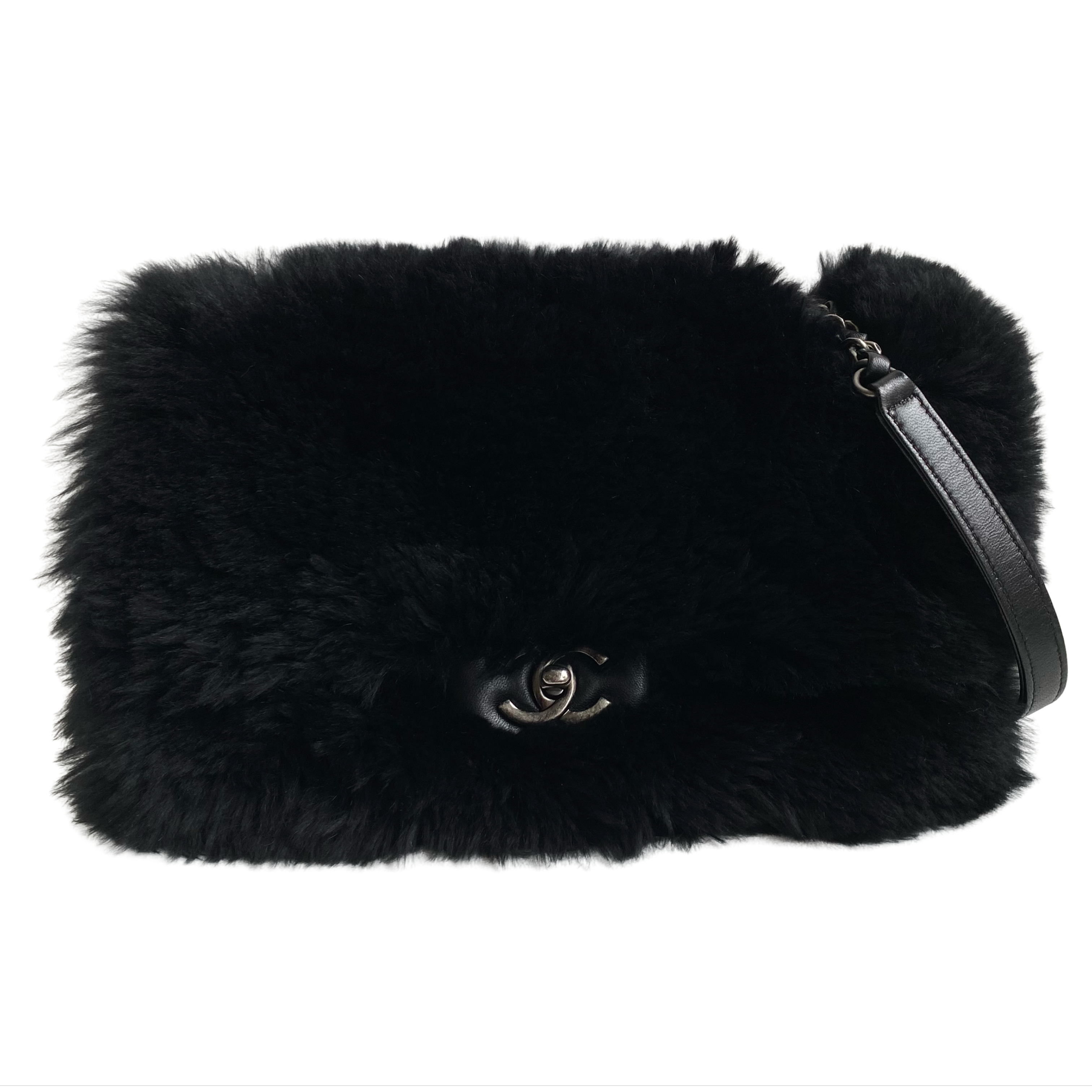 Black Orylag Rabbit Fur Medium Single Flap Bag