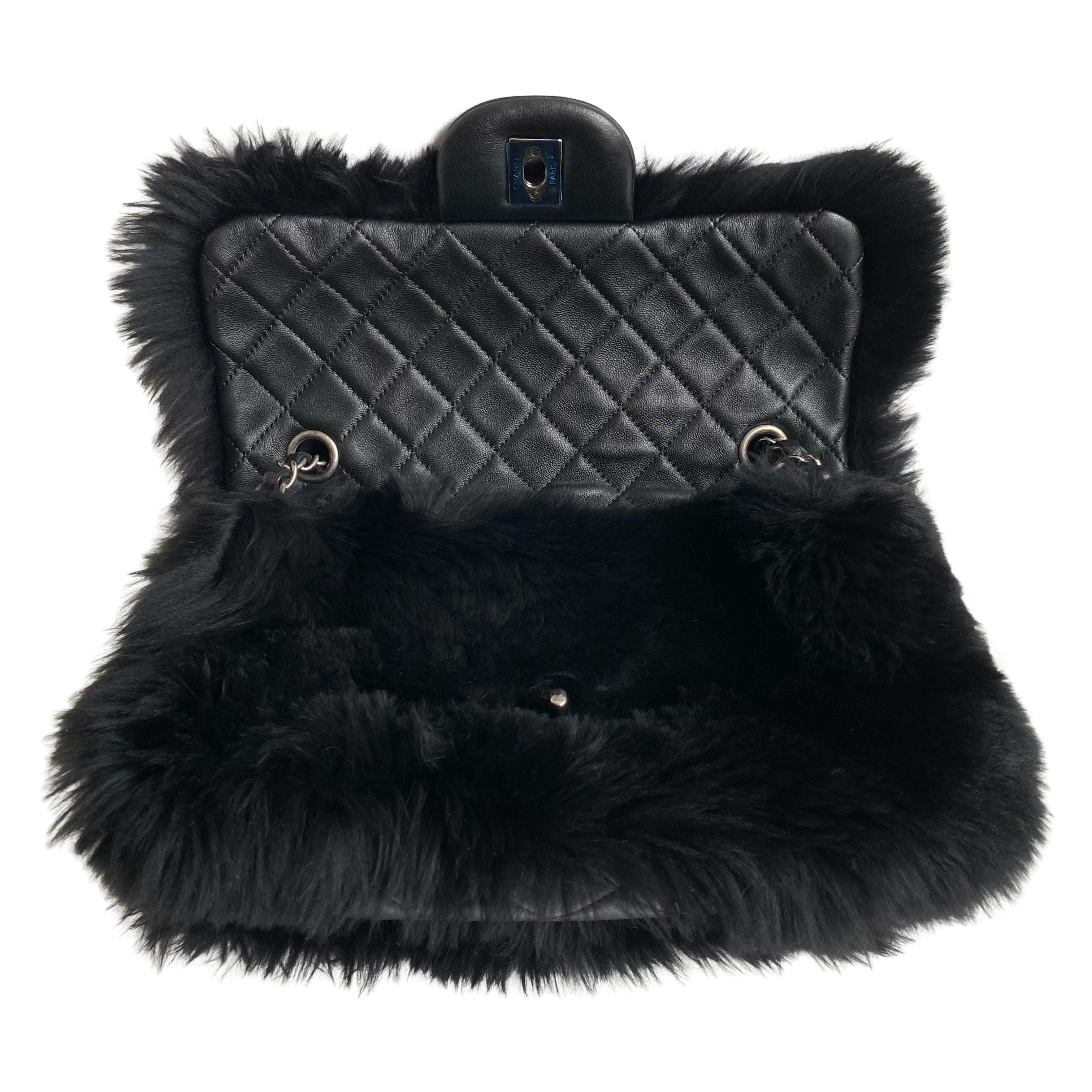 Black Orylag Rabbit Fur Medium Single Flap Bag